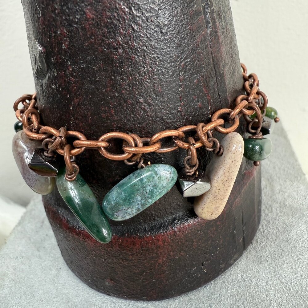 Dangle Multi-Stone Charm Bead Copper Chain Link Bracelet w/ Toggle Clasp 7.5"